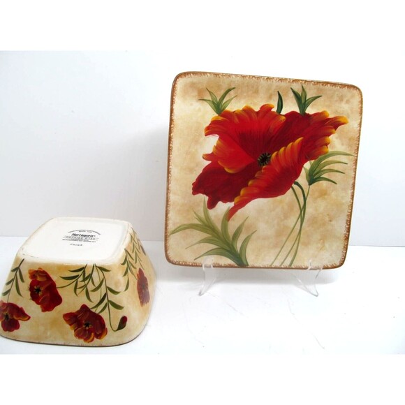 Pier 1 "Poppies" 8" Square Salad Plate And 6" Square Bowl EUC Very Nice No Issue - Picture 2 of 12
